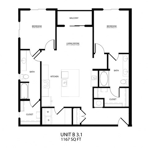 Floor plan for 2 beds, 2 baths, 1167 sqft